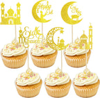 Eid Mubarak Cupcake Toppers, 24 PCS Gold Glitter Moon Star Happy Eid Cupcake Picks, Muslim Islamic Themed Food Toppers Cake Decorations for Eid Mubarak Ramadan Party Supplies