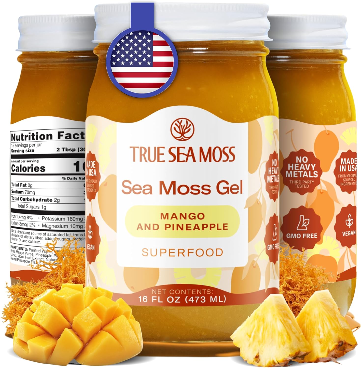 TrueSeaMoss Sea Moss Gel – Made in USA – Wildcrafted Seamoss, Fruits & Jarred Vegetables – Mango/Pineapple, Pack of 1 (Labels may Vary)