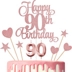 90th Birthday Cake Toppers, 90th Birthday Candles Numeral Candles and Glitter Cake Decorations Toppers Set for Party Supplies (Rose Gold)