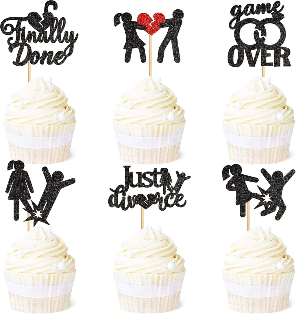 Ercadio Divorce Cupcake Toppers - 24pcs Black Glitter Set for Break Up, Bachelor Freedom Party - Cake Decoration Supplies