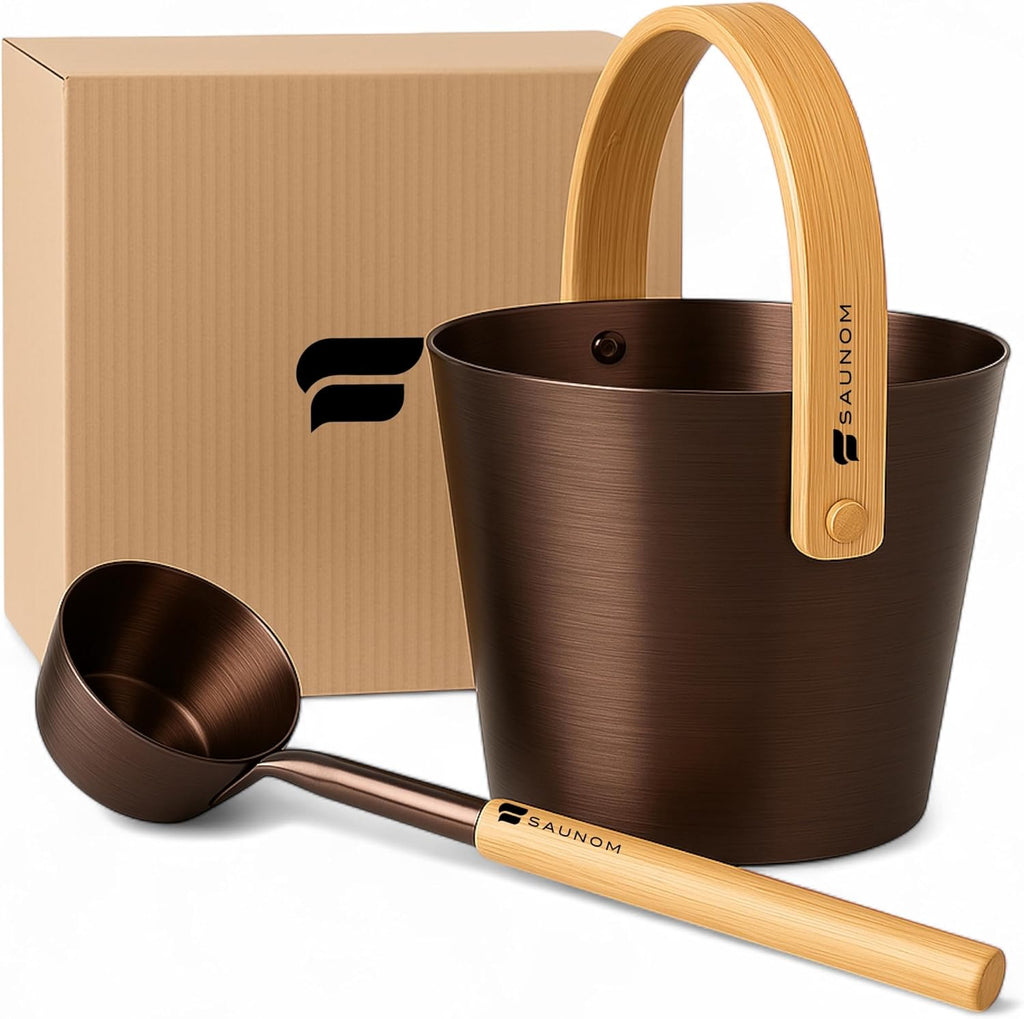Luxury Aluminum Sauna Bucket and Ladle Set with Modern Nordic Design – Anodized Aluminum Sauna Ladle with Bamboo Handle – Rust & Heat Resistant 1.3 Gallon Bucket & 13.5 oz Ladle