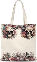 ATHAND Floral Skull Bag,Sugar Skull Gifts for Women,Reusable Canvas Tote Bag for Groceries,Beach,Day Of The Dead Gifts