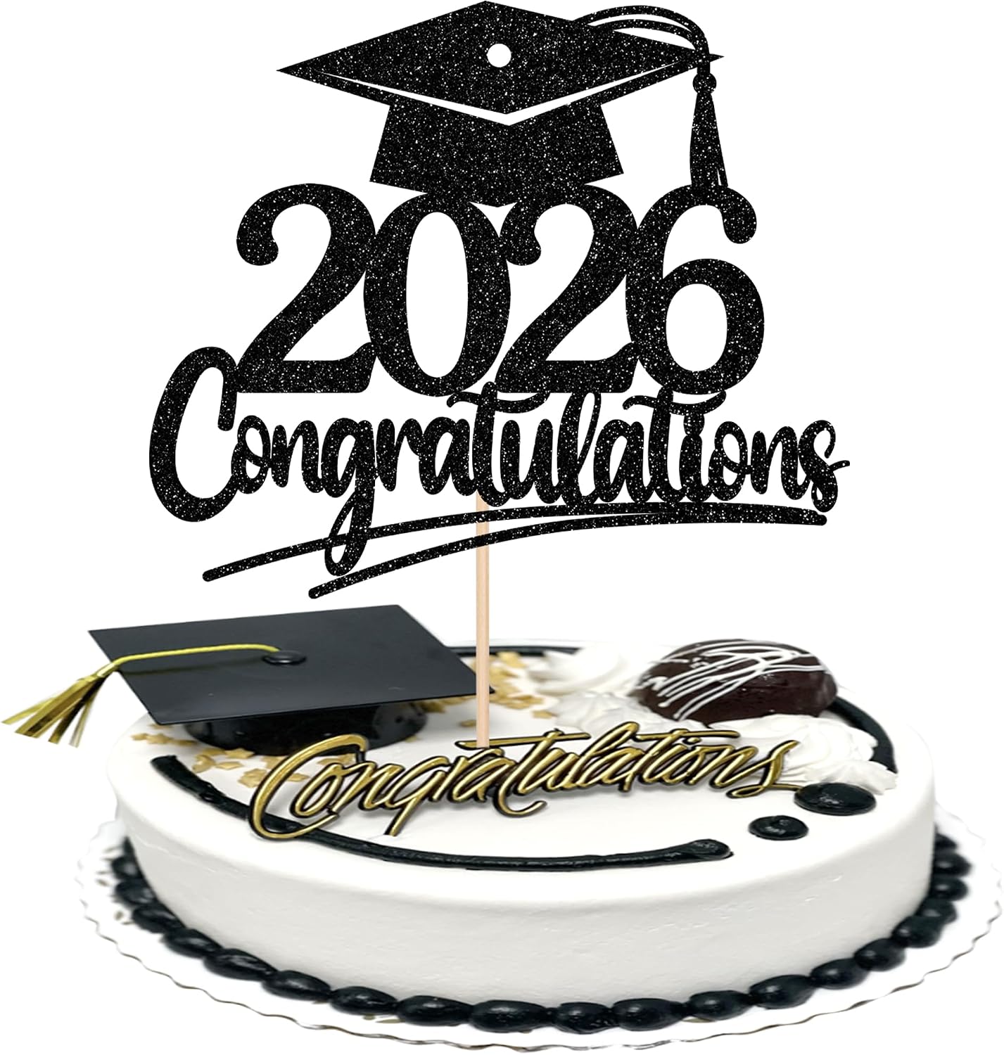 Rsstarxi 1 Pack 2026 Graduation Cake Topper Black Grad Cap Glitter Congrats Grad Cake Pick for Diploma Done Class of 2026 Graduation Party Cake Decorations Supplies