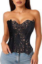 LEACOOLKEY Lacework Corset Top for Women Sexy Textured Sheer Floral Lace Bustier Going Out Lace-up Corset Overbust Top
