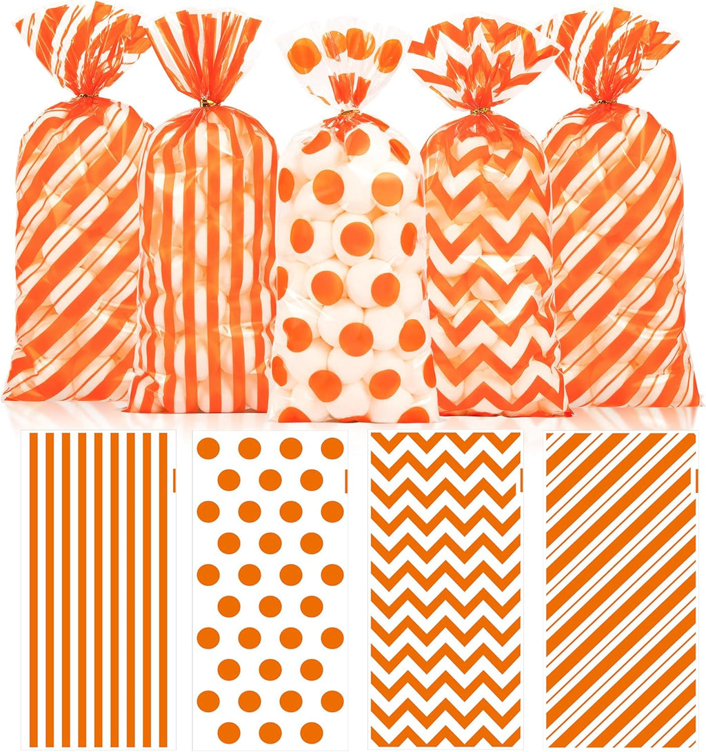 Fall Cellophane Treat Bags, 100pcs Plastic Orange Stripe Wave Dot Thanksgiving Candy Goodie Bags for Autumn Cookie Snack with Twist Ties for Autumn Thanksgiving Fall Birthday Party Favor