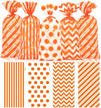 Fall Cellophane Treat Bags, 100pcs Plastic Orange Stripe Wave Dot Thanksgiving Candy Goodie Bags for Autumn Cookie Snack with Twist Ties for Autumn Thanksgiving Fall Birthday Party Favor