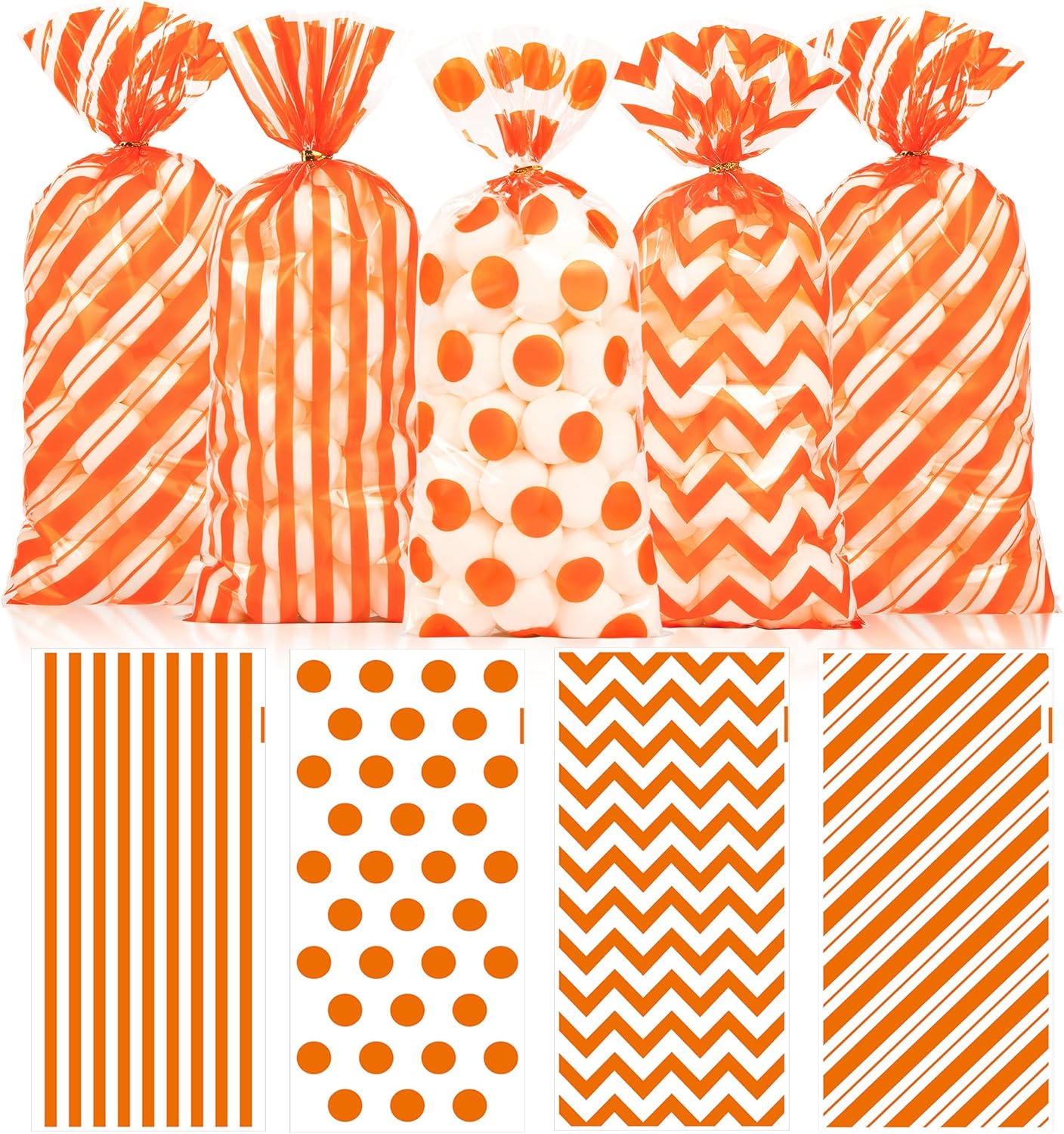 Fall Cellophane Treat Bags, 100pcs Plastic Orange Stripe Wave Dot Thanksgiving Candy Goodie Bags for Autumn Cookie Snack with Twist Ties for Autumn Thanksgiving Fall Birthday Party Favor