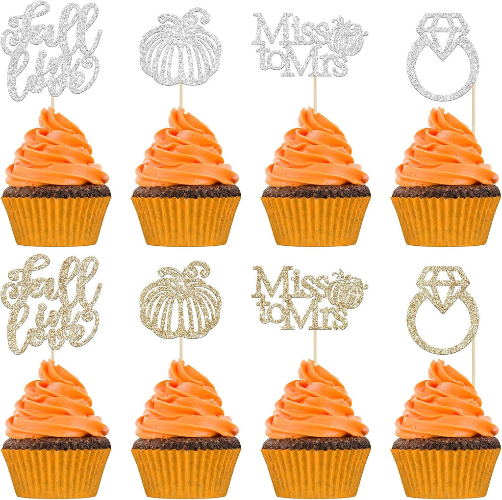 Gyufise 24Pcs Fall In Love Cupcake Topper Fall Miss to Mrs Cupcake Topper Champage Gold Fall Pumpkin Bride Shower Cake Toppers Autumn Wedding Cupcake Topper for Fall Birde Shower Cake Decorations