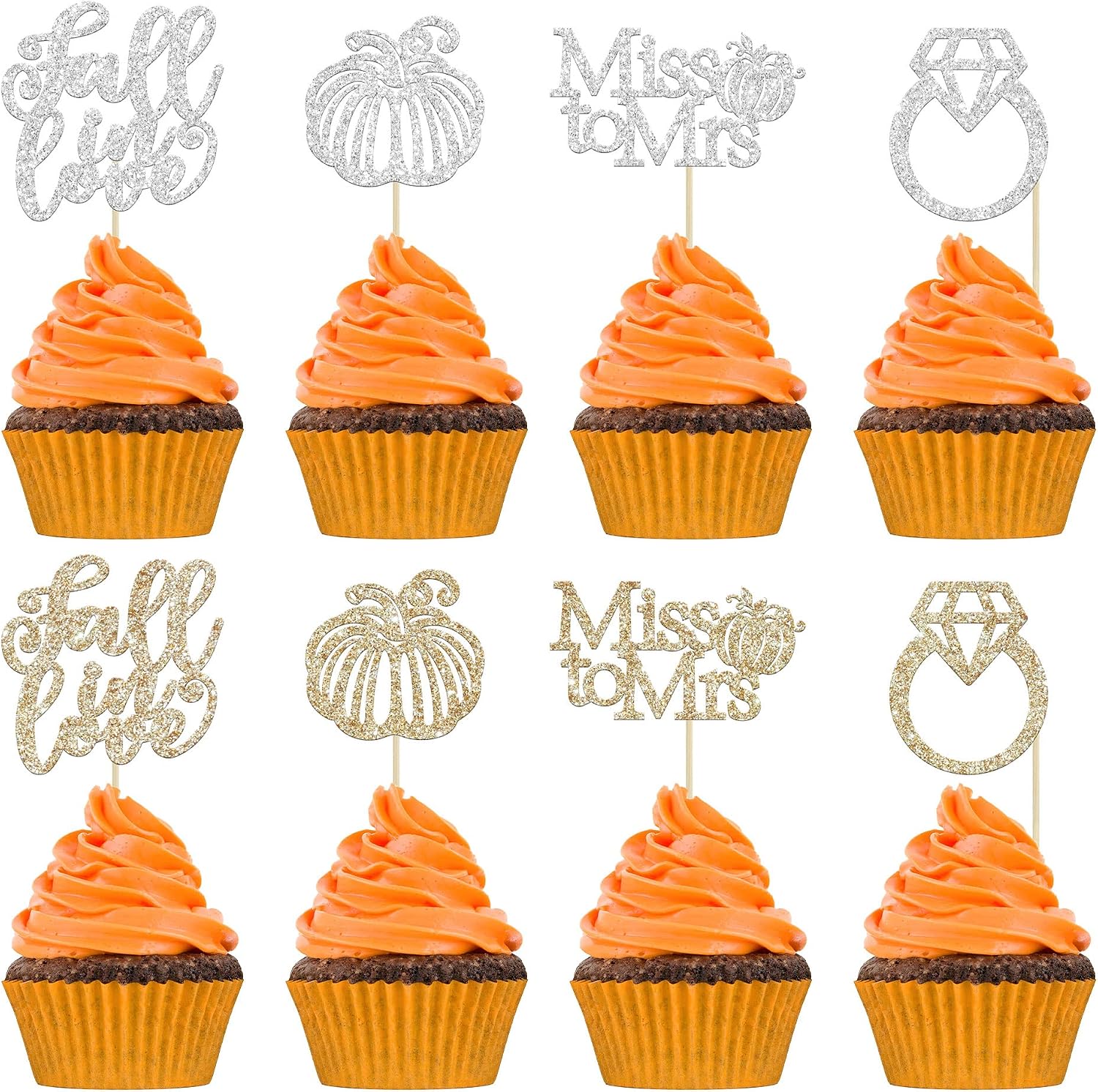 Gyufise 24Pcs Fall In Love Cupcake Topper Fall Miss to Mrs Cupcake Topper Champage Gold Fall Pumpkin Bride Shower Cake Toppers Autumn Wedding Cupcake Topper for Fall Birde Shower Cake Decorations