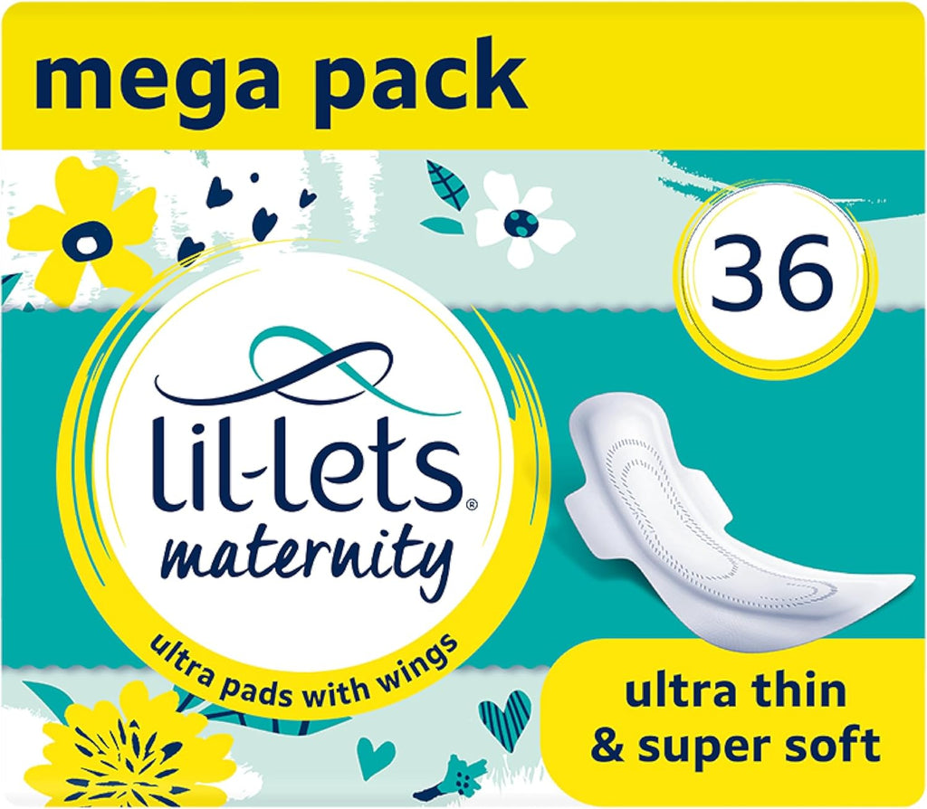 Lil-Lets Maternity Ultra Thin Pads with Wings – 36 Pack Bundle for Post-Natal Bleeding & Lighter Flow – Postpartum Essentials - Long, Extra Absorbent, Soft & Cushioned Maternity Towels, Fragrance-Free