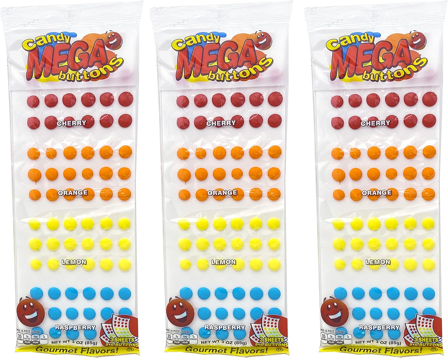 Stichler Mega Candy Buttons Pack of 3, 648 Buttons Total – Cherry, Orange, Lemon, & Raspberry - Bulk Candy, Retro Candy, Nostalgic Candy