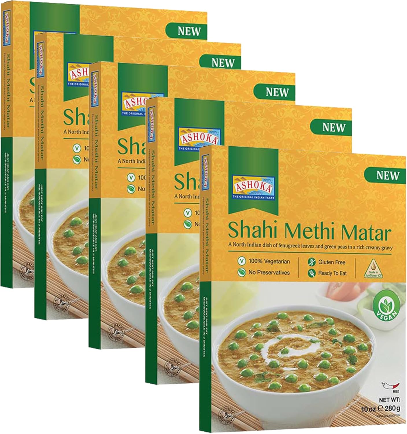 Ashoka Ready to Heat Vegan Curries 1932, Fenugreek Leaves & Green Peas, All-Natural Curry, Shahi Methi Matar, Kosher Certified, Camping Friendly Indian Food, Gluten-Free, No Preservatives, Pack of 10