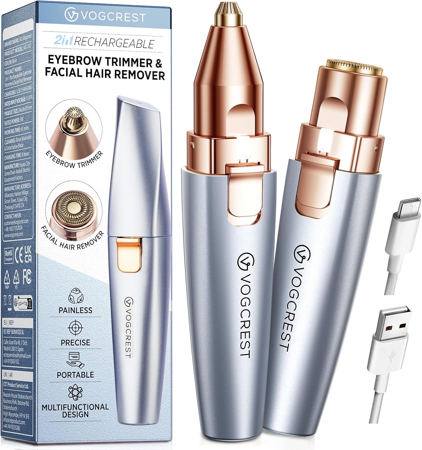 VG VOGCREST Eyebrow & Facial Trimmer: 2 in1 Rechargeable Facial Hair & Eyebrow Shaver - Painless LED Light (Sky Blue)