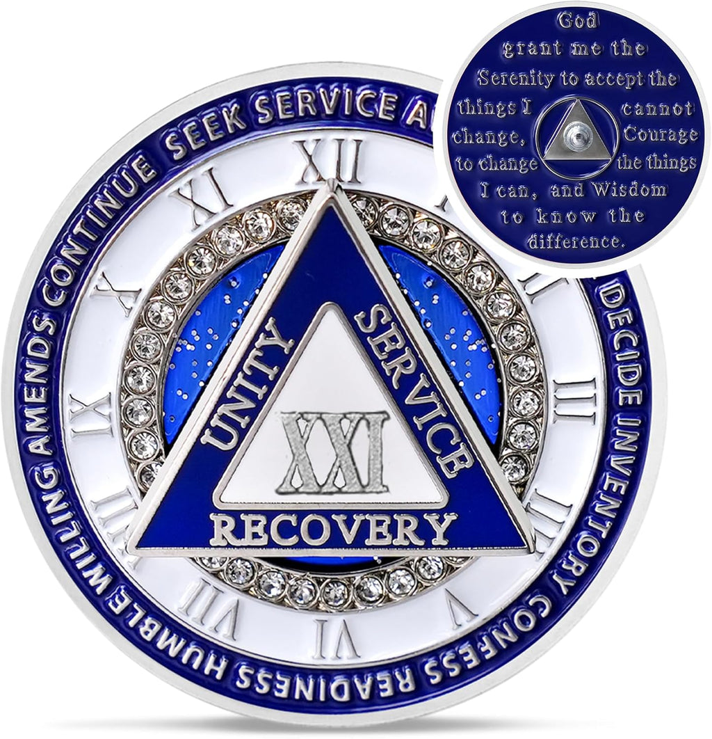 Sparkly Diamond 21 Year Sobriety Coin - 12 Steps Spin Triangle AA Coins - Clockwork Addiction Recovery AA Chips and Medallions - Celebrate 1-65 Prime Clean Alcoholics Anonymous Gifts for Men Women
