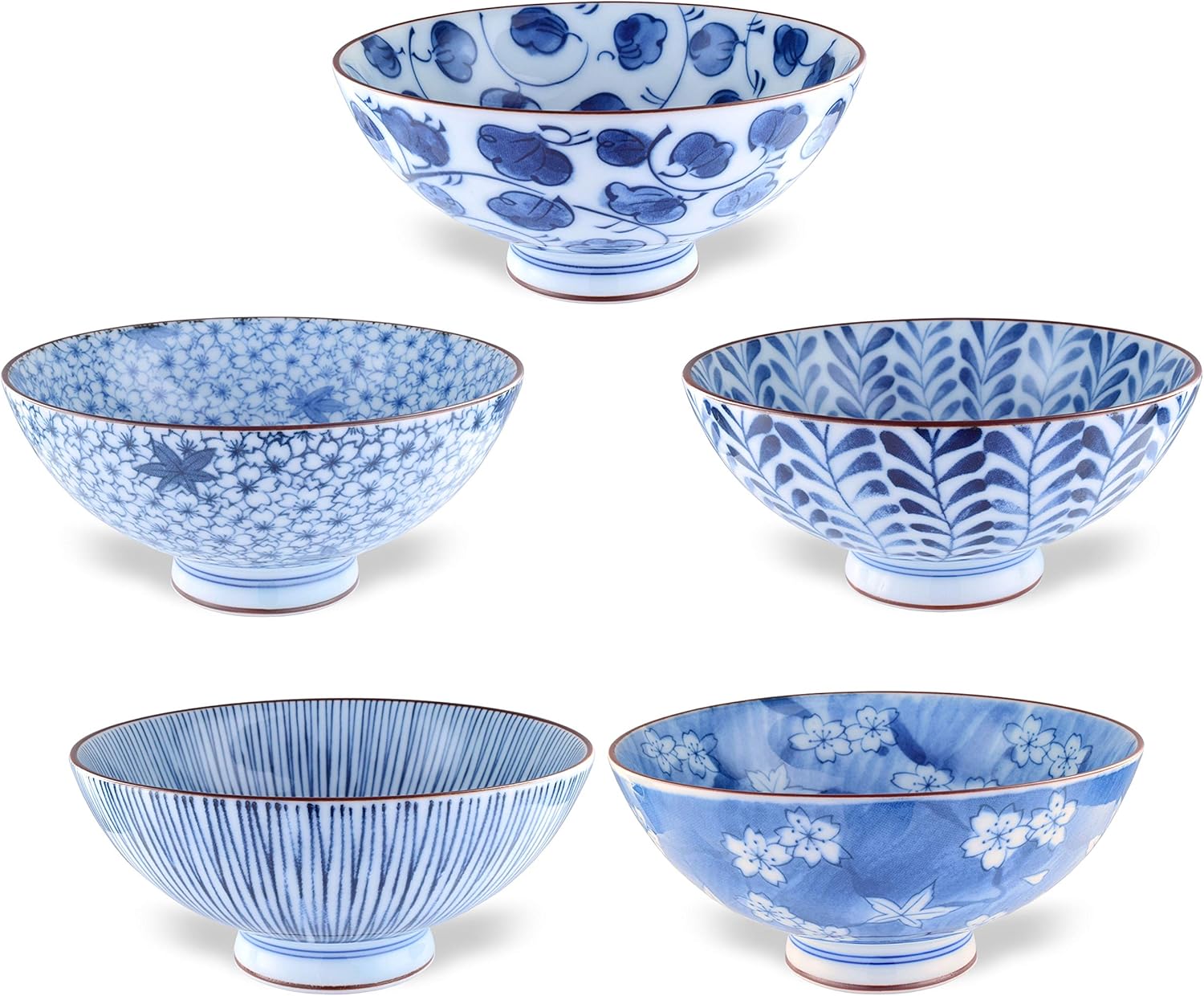 Japanese Handcrafted Rice Bowl, Authentic Mino Ware Pottery, Aie gawari Chawan, set of 5