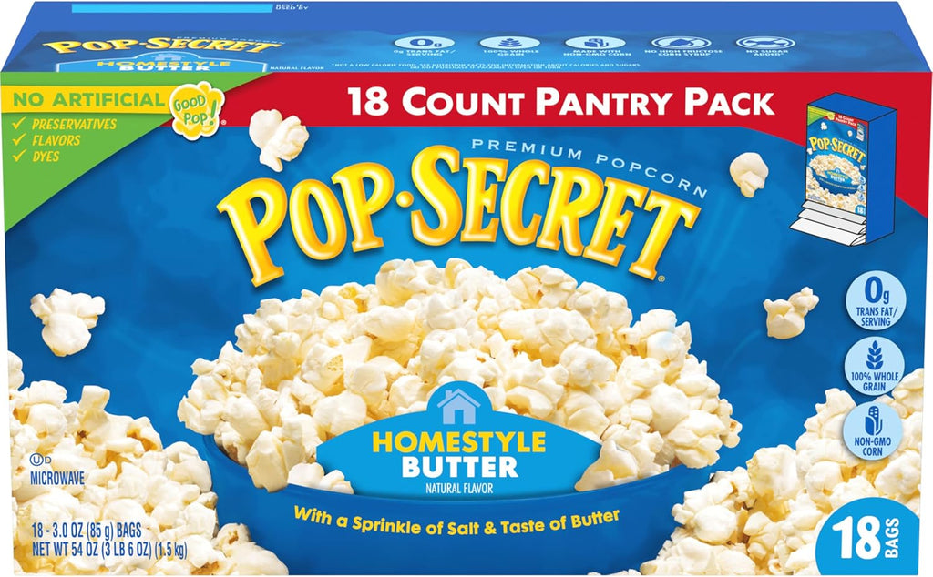 Pop Secret Popcorn, Homestyle Butter Microwave Popcorn, 3 Ounce (Pack of 18)