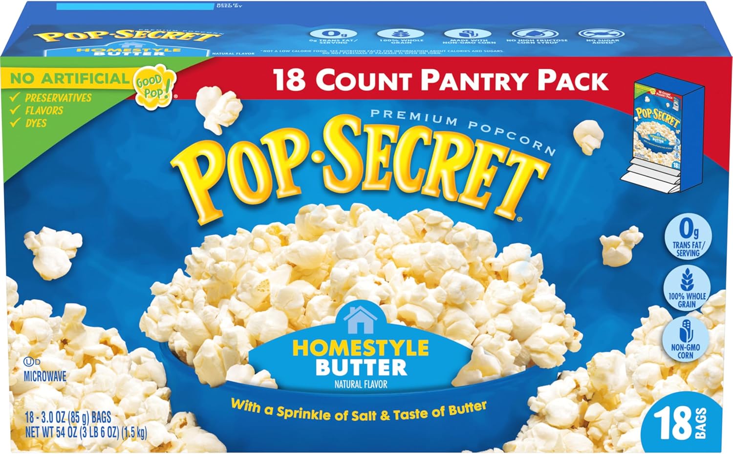 Pop Secret Popcorn, Homestyle Butter Microwave Popcorn, 3 Ounce (Pack of 18)