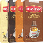 Roastesso, Aluminum Espresso Capsules, Flavors Variety Pack, Natural Flavored Coffee Pods with French Vanilla, Caramel, Chocolate & Hazelnut, Compatible with Nespresso Original Machines (40 Count)