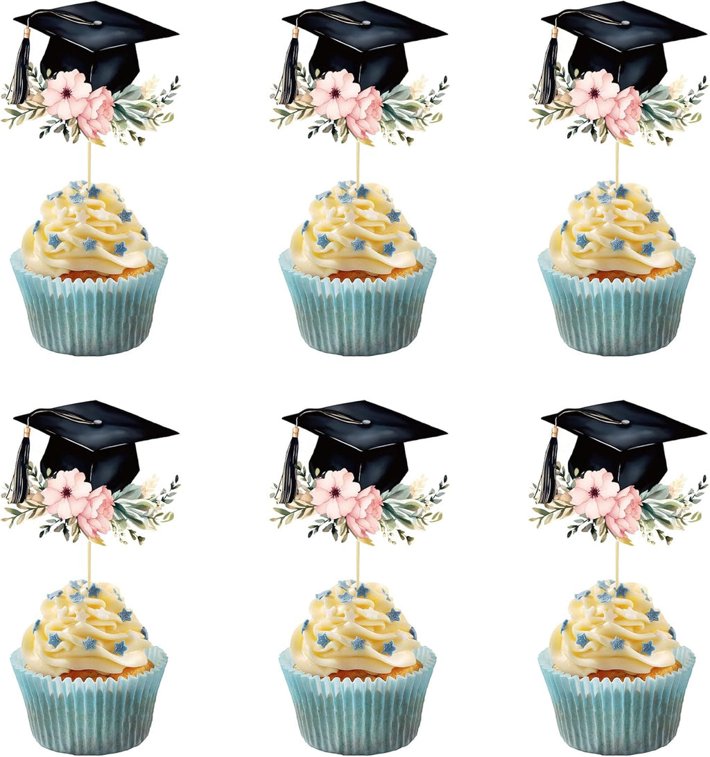 24PCS Graduation Hat Cupcake Toppers Wafer Paper Class of 2026 Grad Cap Cupcake Picks for 2026 Graduation Theme Party Cake Decorations Supplies