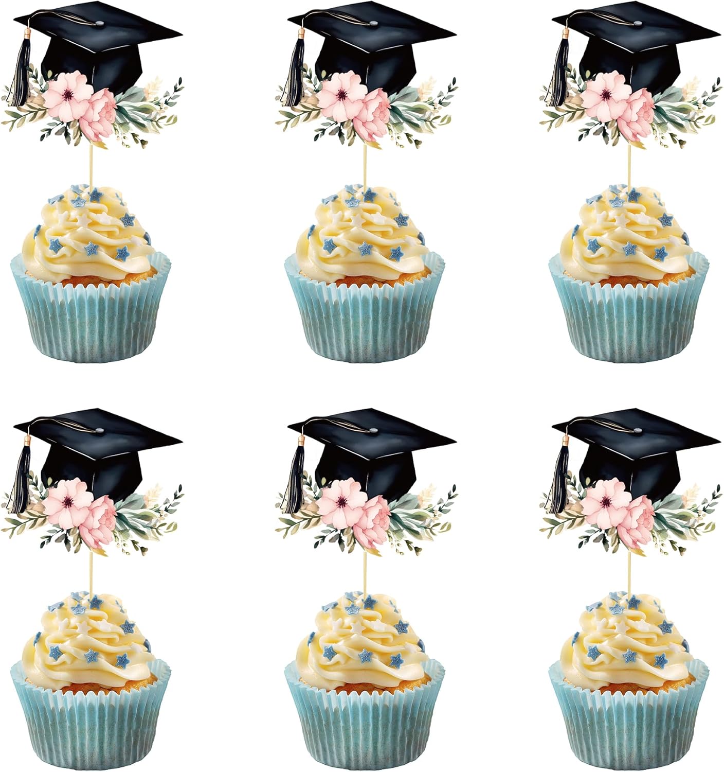 24PCS Graduation Hat Cupcake Toppers Wafer Paper Class of 2026 Grad Cap Cupcake Picks for 2026 Graduation Theme Party Cake Decorations Supplies