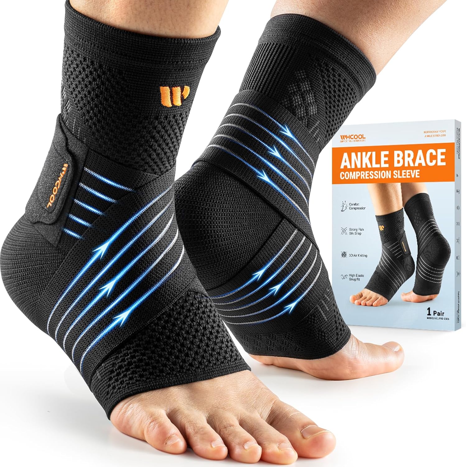 Low-Profile Ankle Braces for Women & Men, Customizable Ankle Compression Sleeve w/Wide Strap, Foot Support Wrap for Plantar Fasciitis Pain Relief, Achilles Tendonitis, Sprain, Black, 1 Pair, S