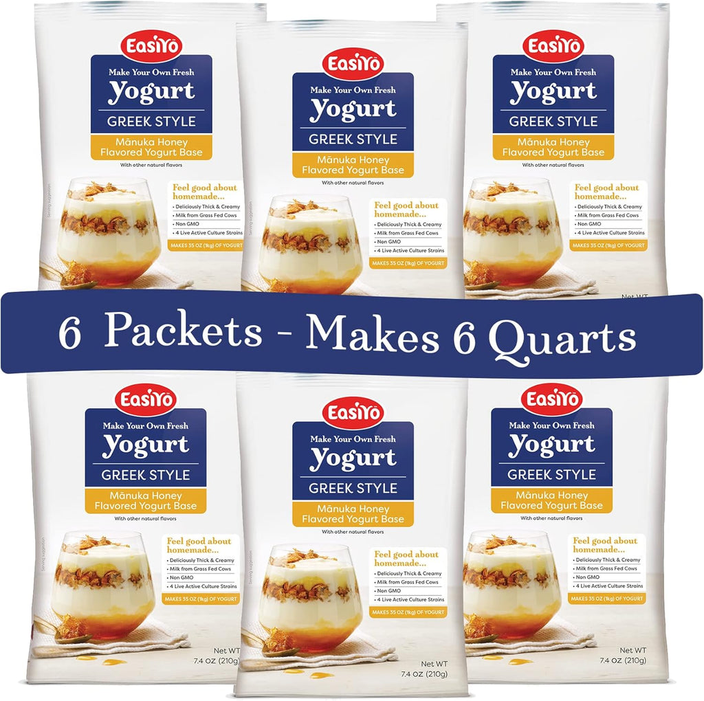 EasiYo Greek Style Manuka Honey Flavored Yogurt Base (6-pack, 42 Servings) with Live Cultures | Easy & Fresh Homemade Yogurt | Use with EasiYo Maker | New Zealand Milk from Grass Fed Cows