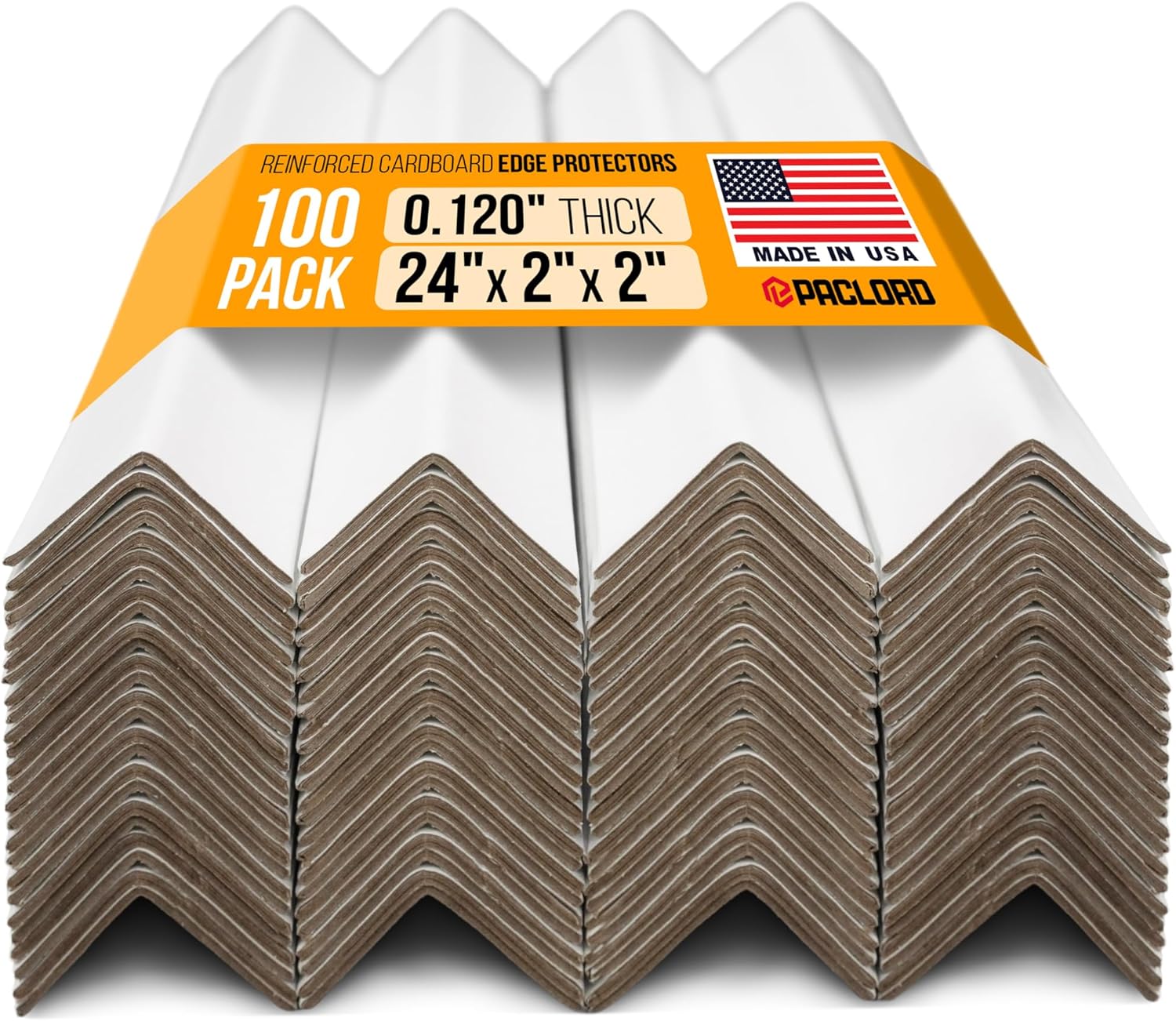 24" x 2" x 2" Reinforced Cardboard Edge Protectors, White (Pack of 100) – 0.12" Thick Medium-Duty Cardboard Corner Protectors for Shipping – American Quality V-Board Pallet Edge Guard