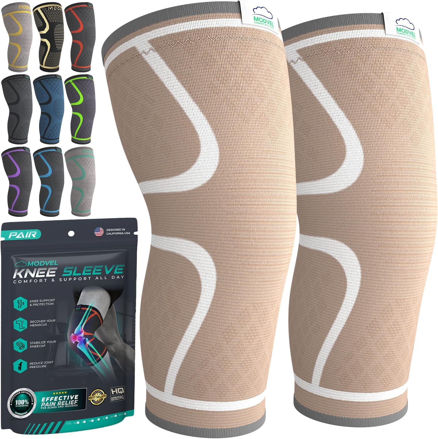 Modvel Compression Knee Brace for Women & Men - 2 Pack Knee Brace for Women Running Knee Pain, Knee Support Compression Sleeve, Workout Sports Knee Braces for Meniscus Tear ACL & Arthritis Pain Relief