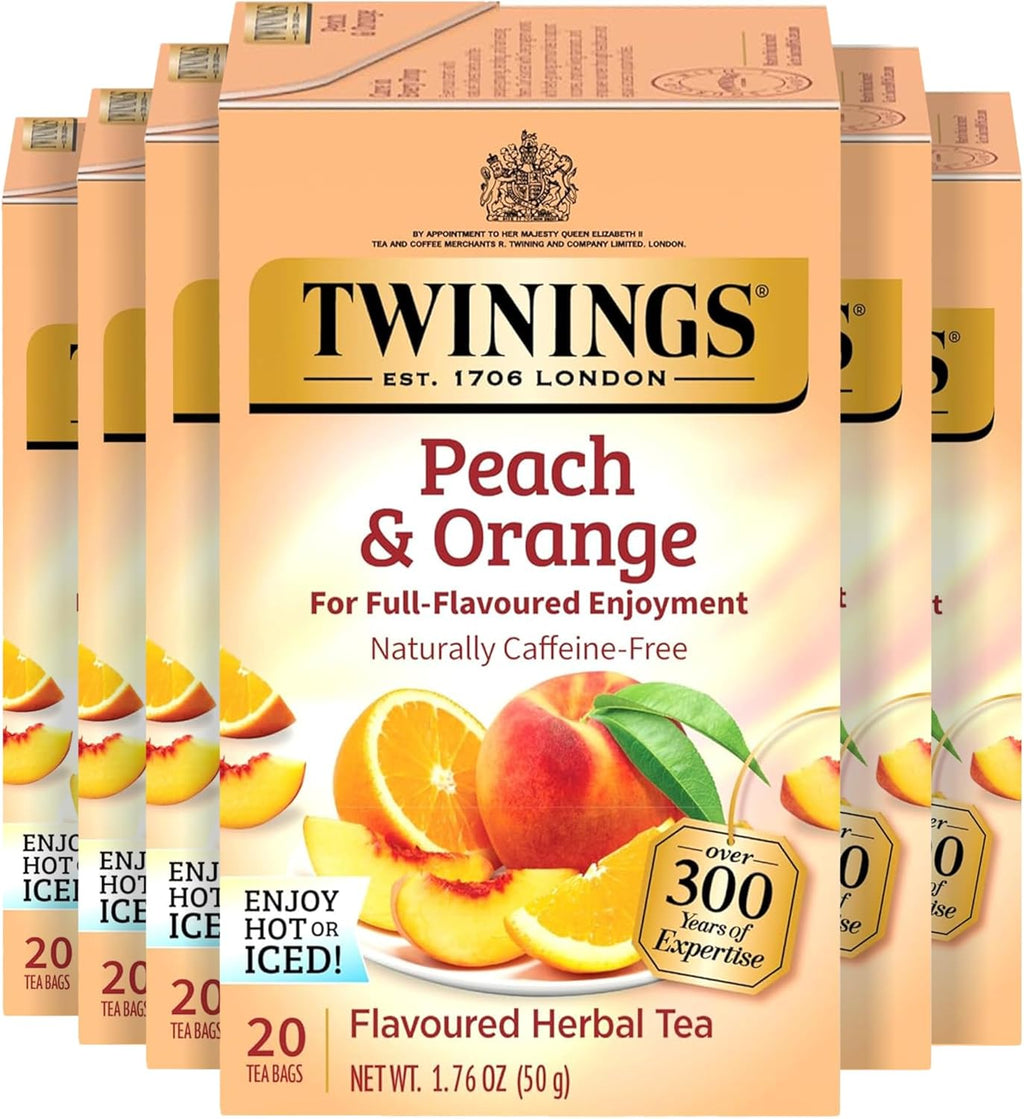 Twinings Peach & Orange Herbal Tea Individually Wrapped Bags, 20 Count (Pack of 6), Juicy & Fruity, Naturally Caffeine-Free, Enjoy Hot or Iced, 120 Teabags