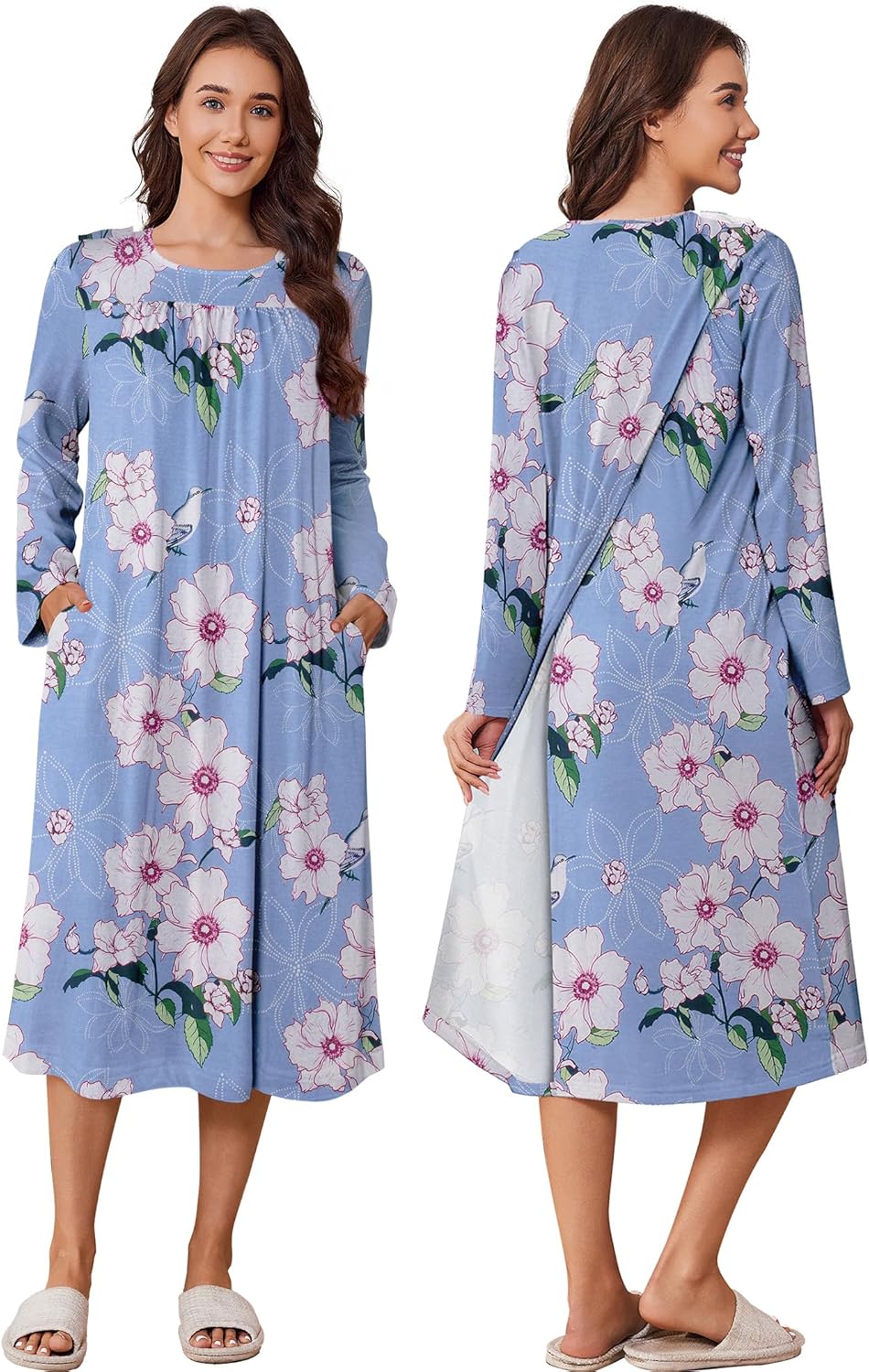Deyeek Hospital Gowns for Women Tear Away Snap Open Back Dress Long Sleeve Post Surgery Adaptive Nightgown with Pockets