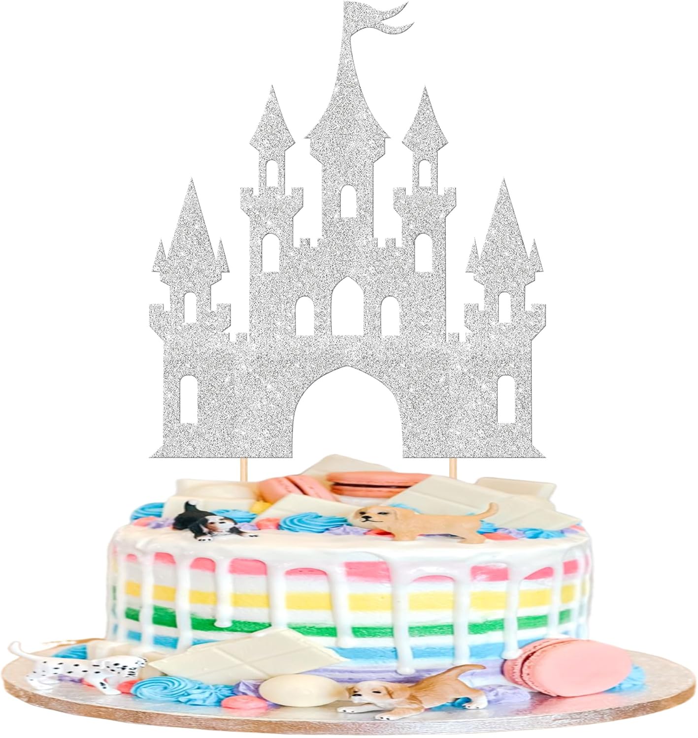 1 PCS Princess Castle Cake Topper Glitter Princess Cake Topper Queen Castle Theme Birthday Party Cake Decoration for Girls Princess Baby Shower Happy Birthday Party Decorations Supplies Silver
