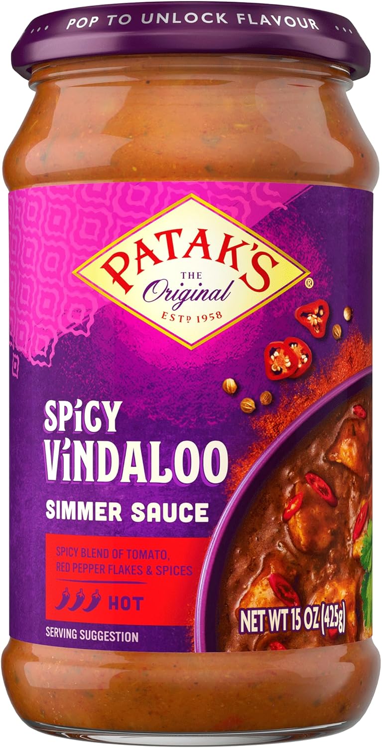Patak's Spicy Vindaloo Simmer Sauce, Extra Curry, Made with Tomato Paste, Chile & Spices, Gluten-Free & Vegan Indian, Perfect for Chicken, Lamb & Vegetables, 15 oz Jar, 3-Pack