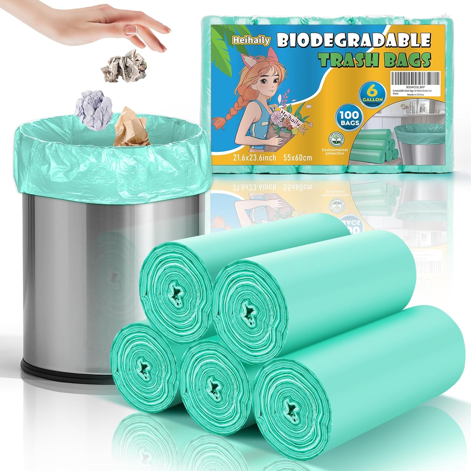 6 Gallon Trash Bags Compostable Green - Heihaily Medium Garbage Bags Strong Thick Bulk 100 Count Biodegradable Unscented for Home and Kitchen Office Liners Waste Basket Can