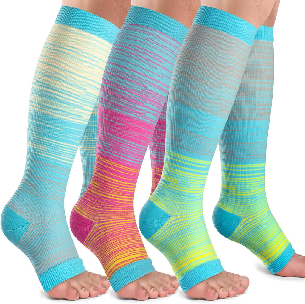 Open Toe Compression Socks Women & Men-3 Pairs 20-30 mmHg Knee High Stockings for Circulation Support