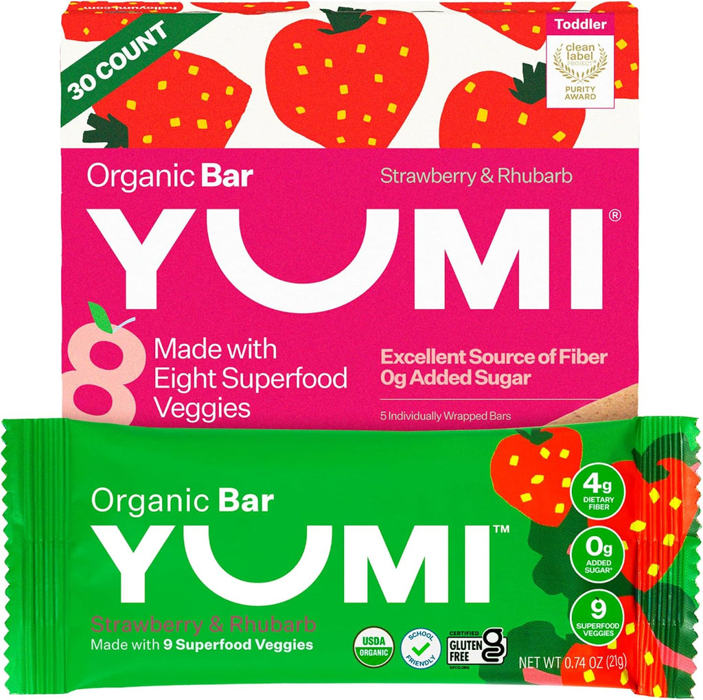 Yumi Organic Toddler Snacks Bars - Gluten-Free, No Added Sugar, 7+ Vegetables, Soft-Baked Crust, Yumi Bars Healthy Toddler Organic Snacks - School Safe and for Lunch Boxes, Strawberry & Rhubarb (30ct.)