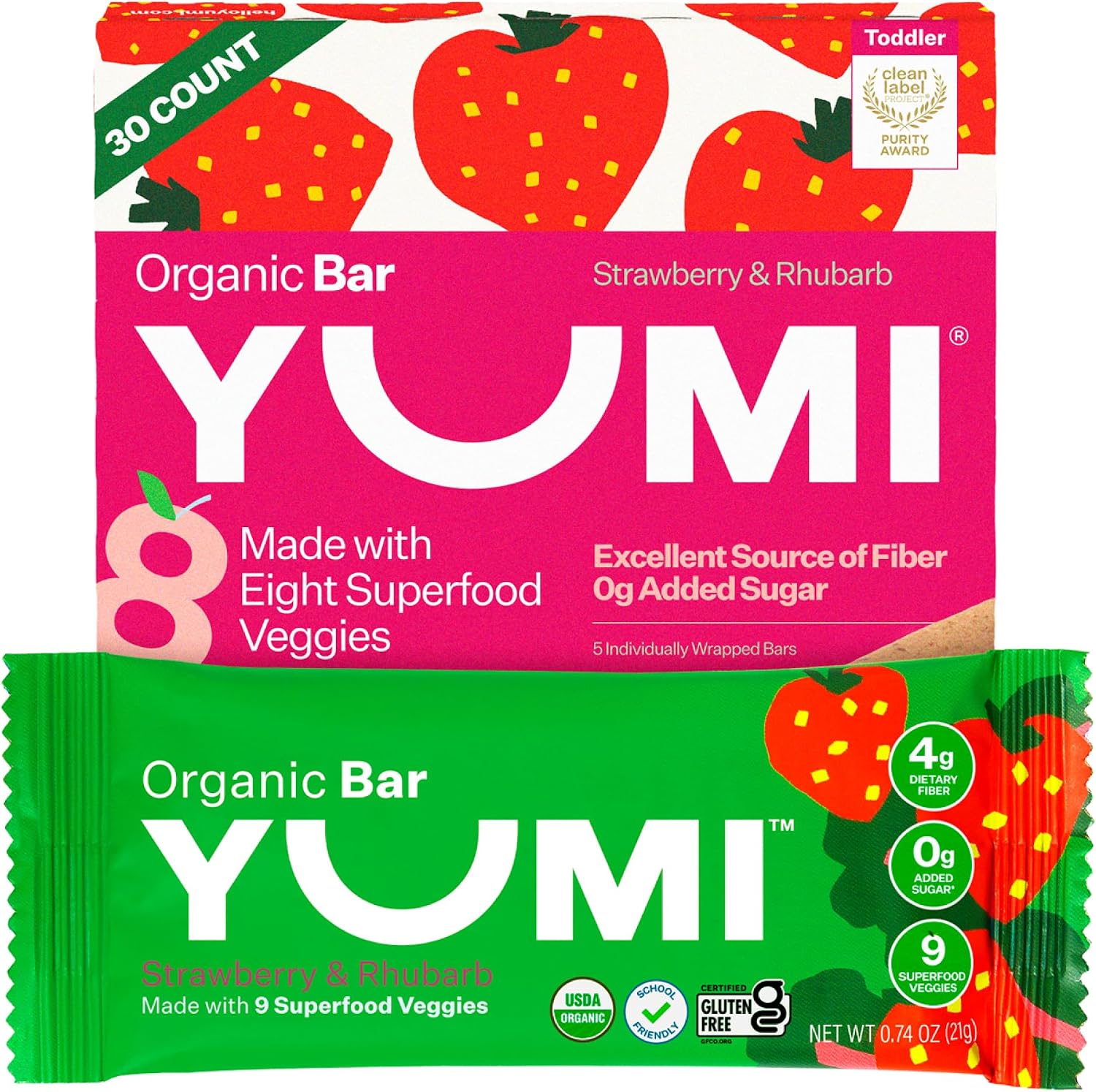 Yumi Organic Toddler Snacks Bars - Gluten-Free, No Added Sugar, 7+ Vegetables, Soft-Baked Crust, Yumi Bars Healthy Toddler Organic Snacks - School Safe and for Lunch Boxes, Strawberry & Rhubarb (30ct.)