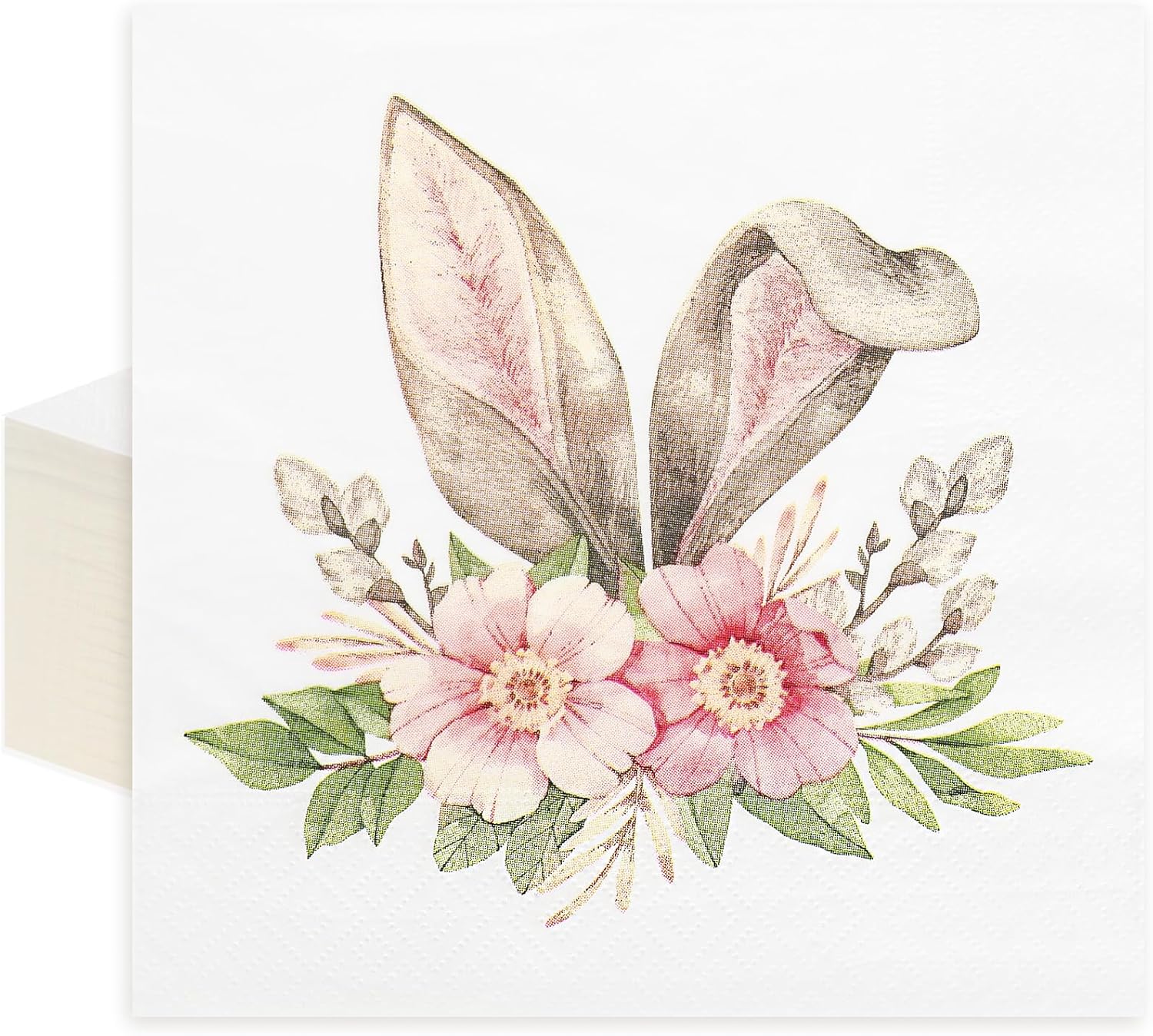 Whaline 20 Pcs Easter Luncheon Napkins Disposable Paper Napkin Decorative Rabbit Bunny Ear Floral Greenery Dessert Dinner Hand Napkin for Spring Home Party Table Supplies Decor
