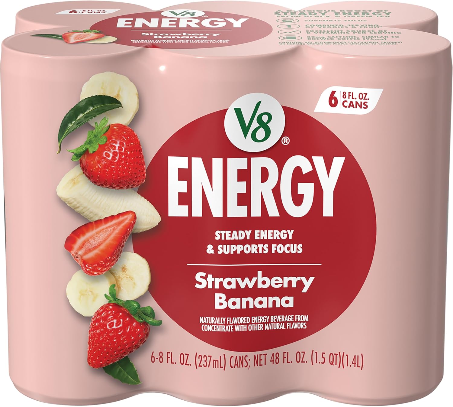 V8 +ENERGY Strawberry Banana Energy Drink, Made with Real Vegetable and Fruit Juices, 8 FL OZ Can (Pack of 6)