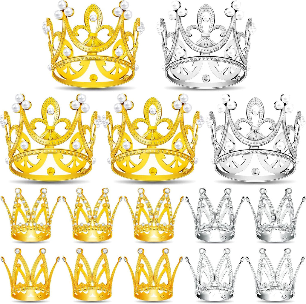 15Pcs Crown Cake Topper, Gold Silver Mini Crowns, Small Crystal Pearl Cupcake Toppers for Flower Arrangements Cupcake Baby Shower Birthday Party Wedding Decor