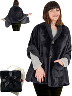 EzrAllora Premium Double Layer Wearable Blanket for Women -Drape and Go No Sleeves- Easy On Easy Off - Black Shawl with Pockets- Wrap Blanket - (Velvet Black)