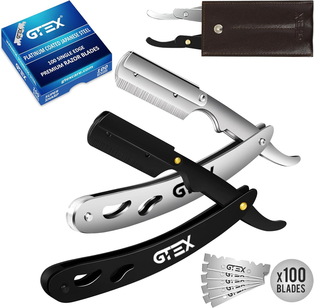 Straight Razors For Men 100 GTEX Barber Razor Blades - 2 Professional Single Blade Razors for Men Navajas Para Barbero Straight Edge Razor Barber Beard Razor Shavette Shaving Razor Kit