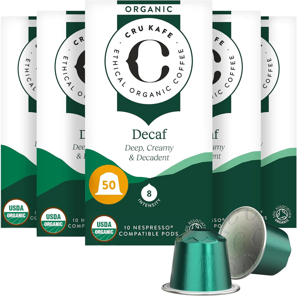 Cru Kafe Decaf USDA Organic Espresso Coffee Capsules (50 Pods) Fairtrade Coffee Pods Compatible with Nespresso Original Line and Pixie Machines