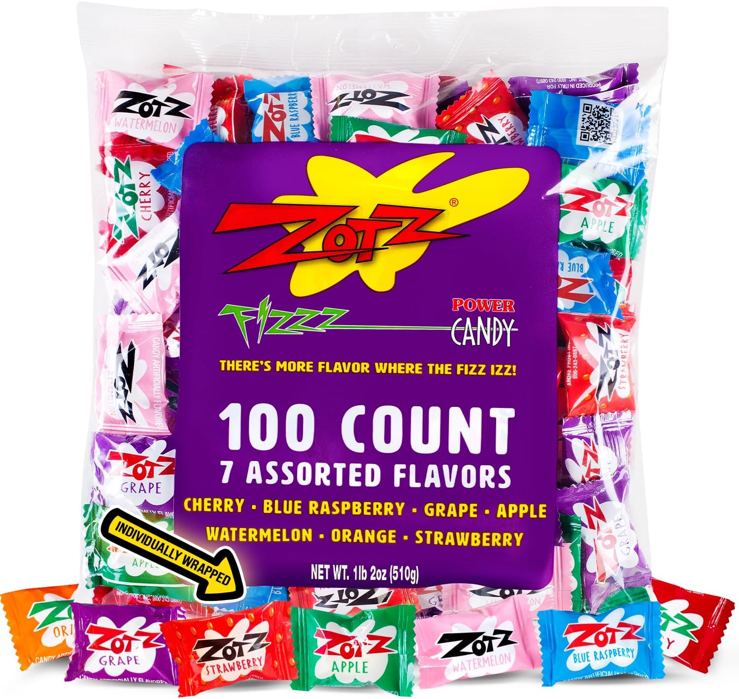 Zotz Fizzy Bulk Candy (Assorted, 100 Units)- Hard Candy Individually Wrapped- Assorted 7 Fruit Flavors, Cherry, Watermelon, Strawberry, Blue Raspberry, Apple, Orange & Grape- From Italy Since 1970