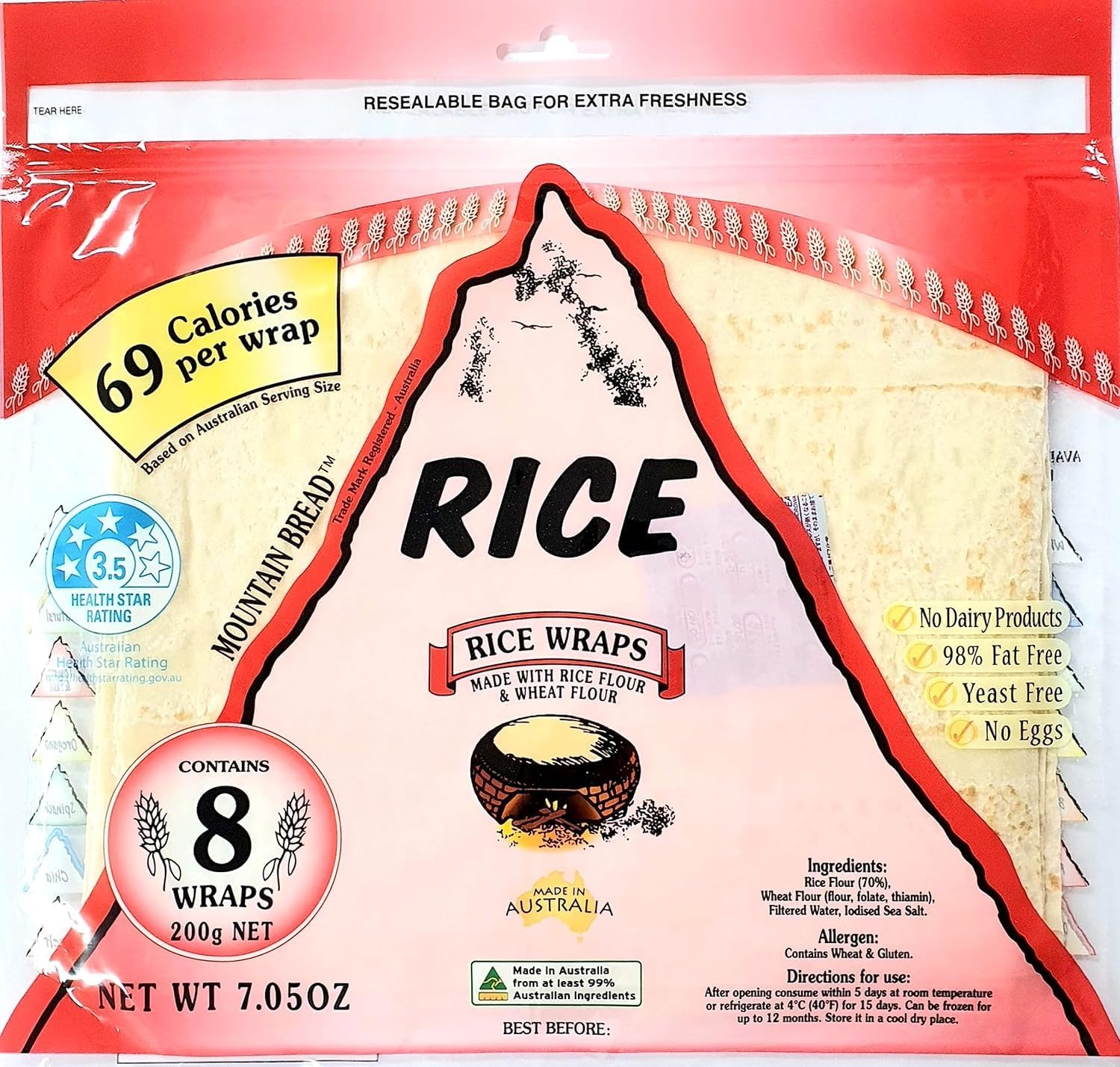 Mountain Bread Rice Wraps 4 Simple Ingredients Paper-Thin Soft Flatbread Reduced Wheat Option 3 Pack (24 Wraps) 70 Calories Per Wrap