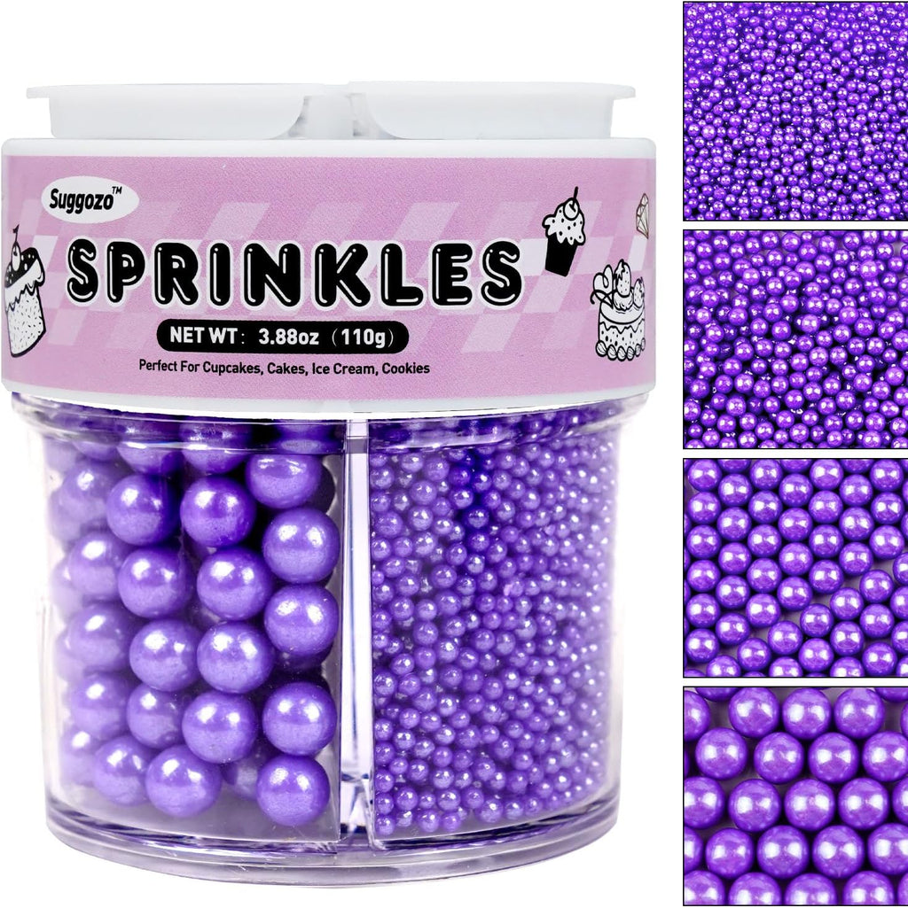 Purple Pearl Sugar Sprinkles, Edible purple ball Sprinkles for Cake Decorating, Cake Decorations, Cupcake Toppers, Wedding Party Holiday Supplies, 110g/3.88oz (4 Sizes Mix)