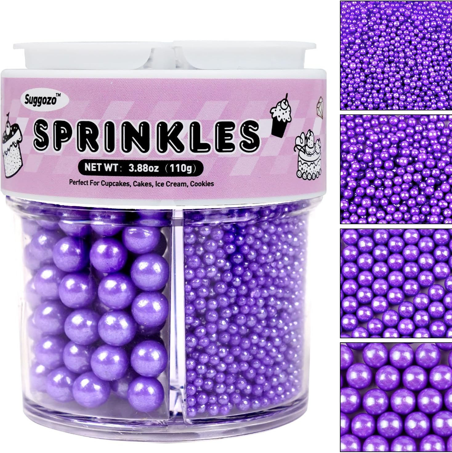 Purple Pearl Sugar Sprinkles, Edible purple ball Sprinkles for Cake Decorating, Cake Decorations, Cupcake Toppers, Wedding Party Holiday Supplies, 110g/3.88oz (4 Sizes Mix)