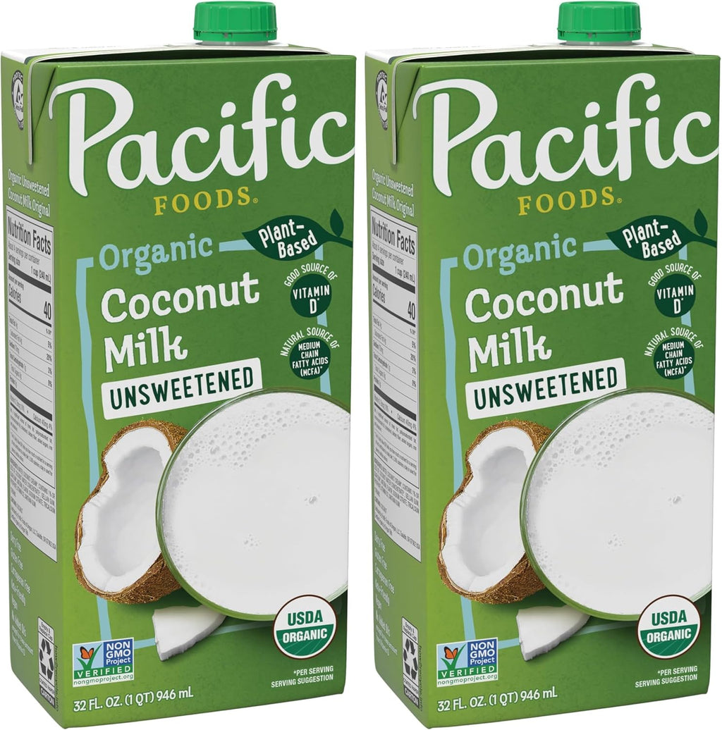 Pacific Foods Organic Unsweetened Coconut Milk, Plant Based Milk, 32 oz Carton (Pack of 2)