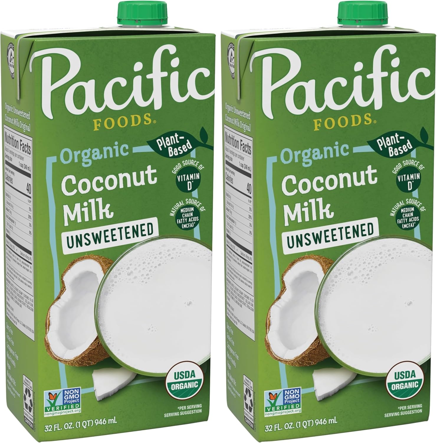 Pacific Foods Organic Unsweetened Coconut Milk, Plant Based Milk, 32 oz Carton (Pack of 2)
