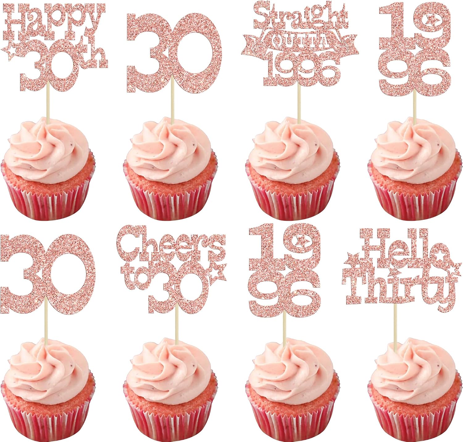 Ephlyn 30Pcs Happy 30th Birthday Cupcake Toppers Glitter Thirty Straight Outta 1996 Cupcake Picks Cheers to 30 Years Cake Decorations for Happy 30th Birthday Anniversary Party Supplies Rose Gold
