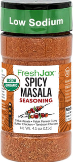 FreshJax Organic Chicken Masala Spice 4.1 oz Spicy Indian Seasoning, Curry Tikka Blend for Grilling, Roasting, Marinade, Meal Prep, Dry Rub for Tandoori, Paneer, Low Sodium, Large Bottle - Made in USA